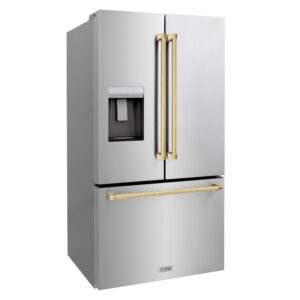 ZLINE 36 in. 28.9 cu. ft. Standard-Depth French Door External Water Dispenser Refrigerator with Dual Ice Maker in Fingerprint Resistant Stainless Steel and Polished Gold Traditional Handles