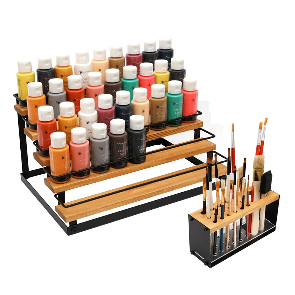 J JACKCUBE DESIGN Craft Paint & Brush Organizer 5 Tier Storage Rack, Holds 50 Citadel, Vallejo Paint Bottles and 17 Paint Brushes Tools Holder (Black) -MK1031A