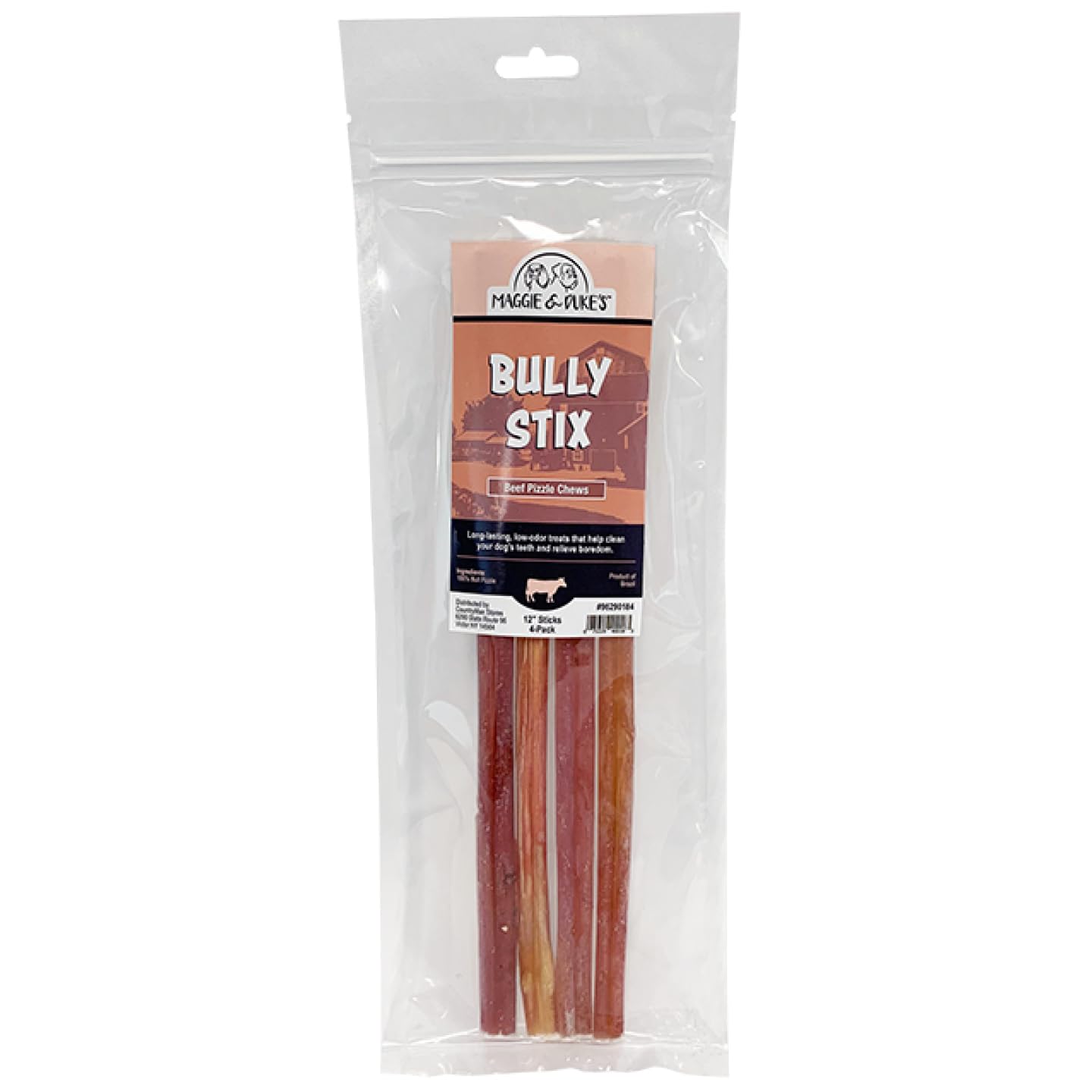 CountryMax Maggie & Duke's Natural Bully Stix Beef Pizzle Long Lasting, Low Odor Dog Chew Treats for Dental Health (12 Inches, 1, Count)