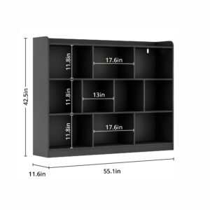 DIYART Black Bookshelf, Wood Bookcase with 3 Tier Open Shelves, 10-Cube Minimalist Storage Shelf for Living Room, Bedroom, 55.1" W x 42.5" H