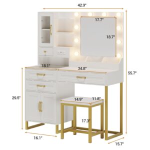 BTHFST Makeup Vanity Desk with Mirror and Lights & Charging Station & Makeup Stool, Vanity Table Set with Glass Top Storage Drawer & Beach & 3 Shelves for Bedroom (Modern White & Gold)