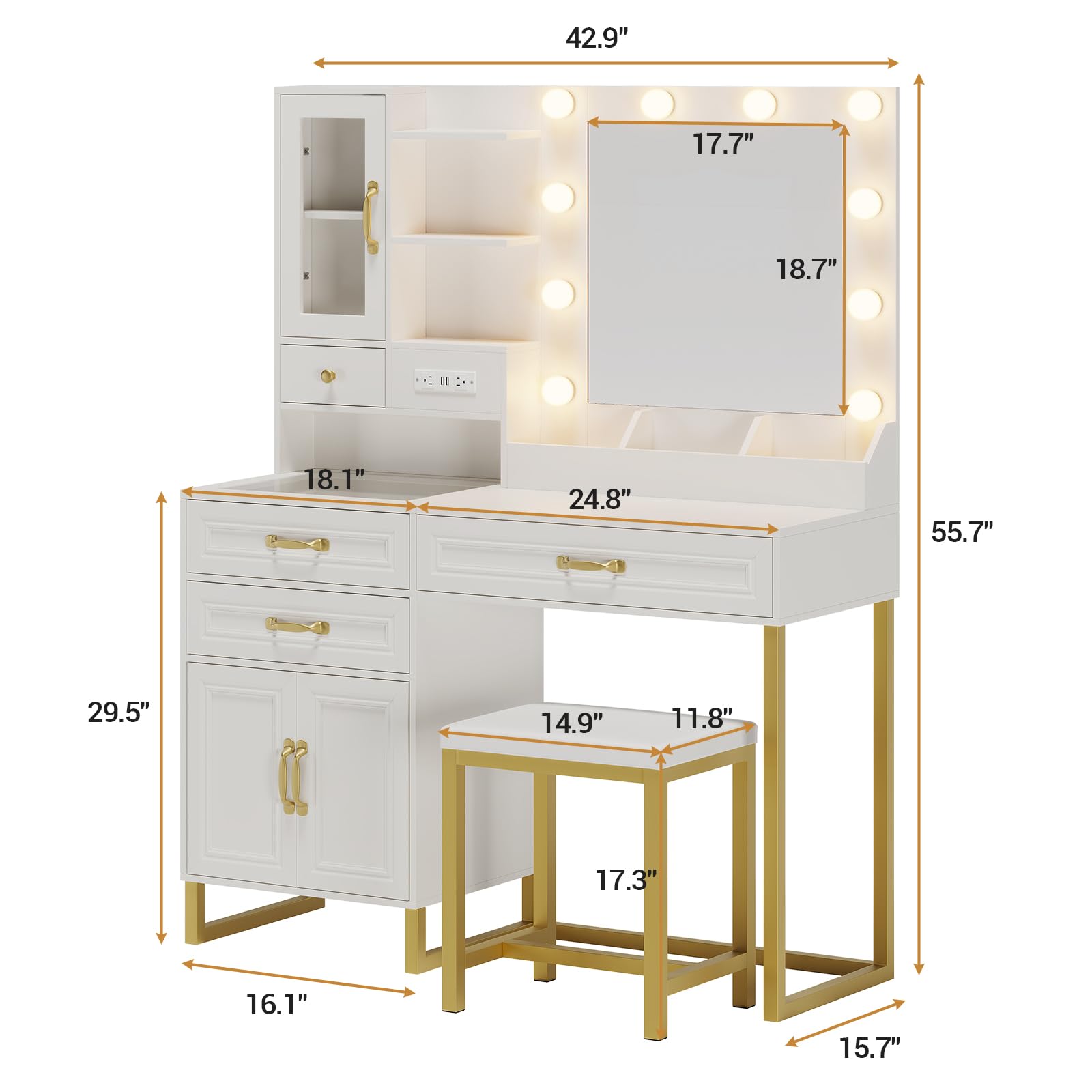 BTHFST Makeup Vanity Desk with Mirror and Lights & Charging Station & Makeup Stool, Vanity Table Set with Glass Top Storage Drawer & Beach & 3 Shelves for Bedroom (Modern White & Gold)