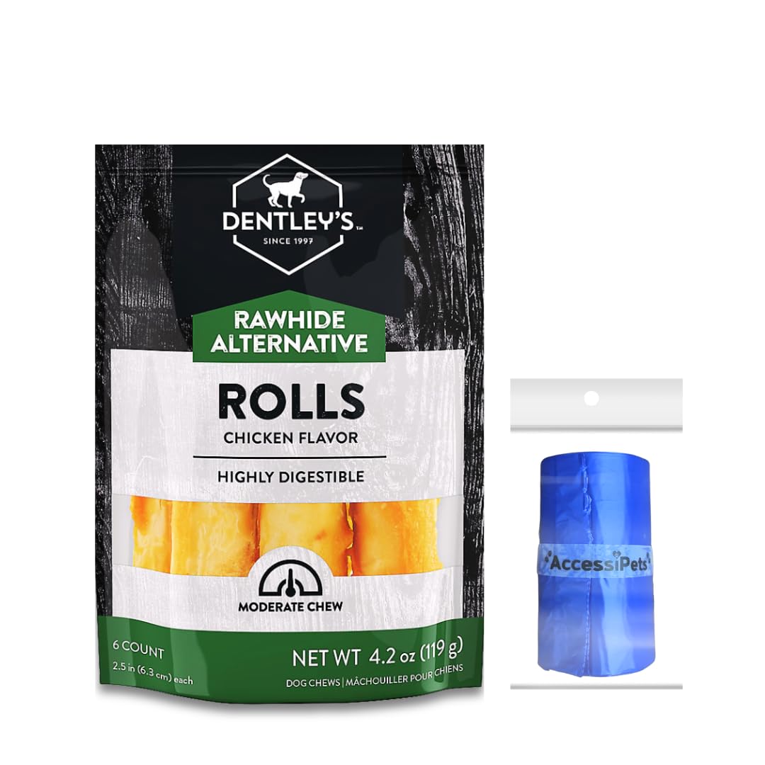 AccessiPets Dog Chews Bundles for Small Dogs, 2.5 Inch Rawhide Free Alternative Retriever Rolls Bundle with 1 Dog Waste Roll, Long-Lasting Dental Treats (Chicken, 6 Count)