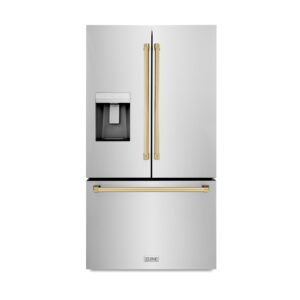 zline 36 in. 28.9 cu. ft. standard-depth french door external water dispenser refrigerator with dual ice maker in fingerprint resistant stainless steel and polished gold traditional handles