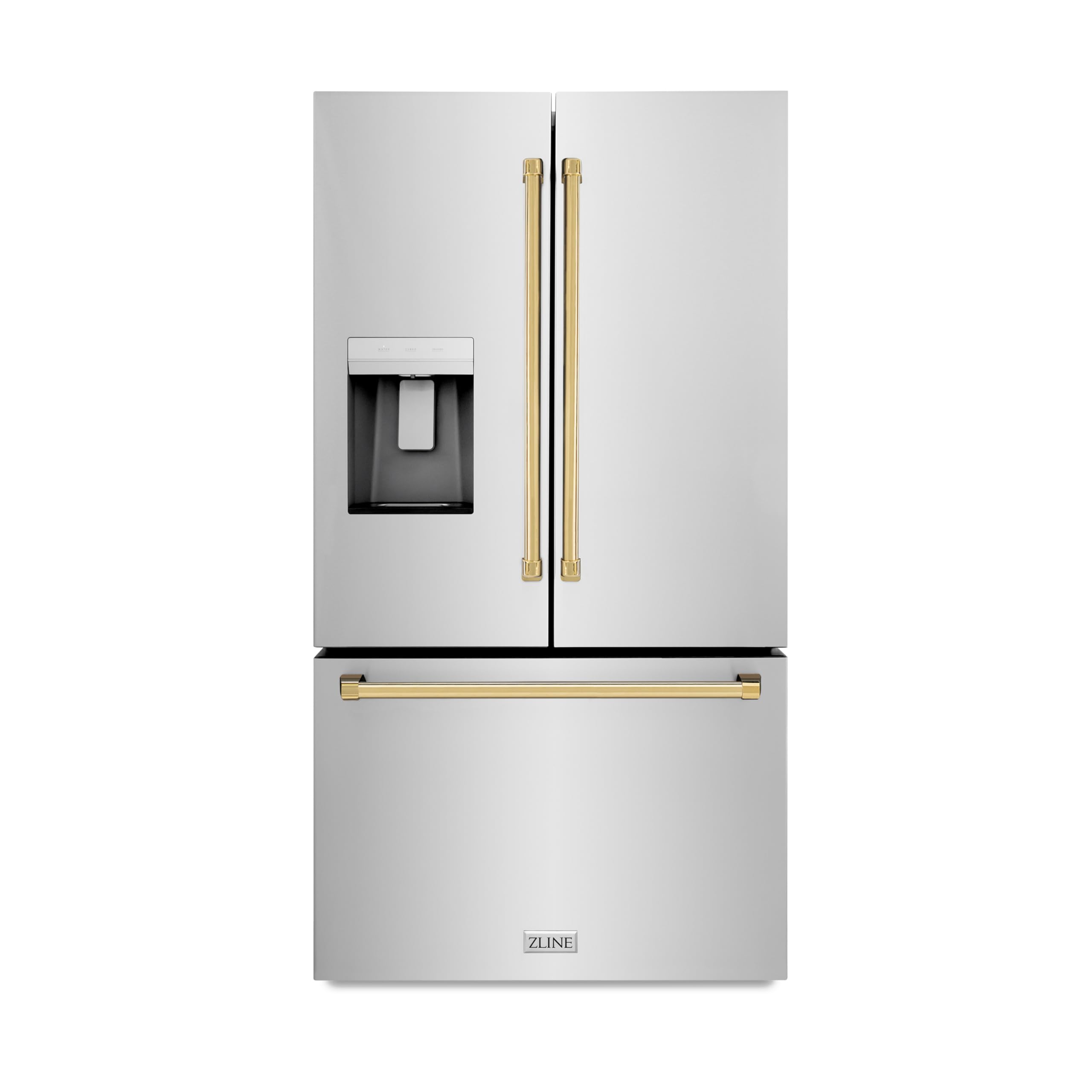 ZLINE 36 in. 28.9 cu. ft. Standard-Depth French Door External Water Dispenser Refrigerator with Dual Ice Maker in Fingerprint Resistant Stainless Steel and Polished Gold Traditional Handles