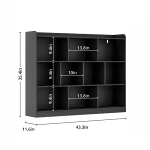 DIYART Black Bookshelf, Wood Bookcase with 3 Tier Open Shelves, 10-Cube Minimalist Storage Shelf for Living Room, Bedroom, 43.3" W x 35.4" H