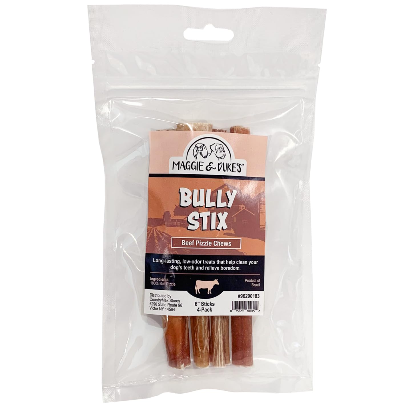 CountryMax Maggie & Duke's Natural Bully Stix Beef Pizzle Long Lasting, Low Odor Dog Chew Treats for Dental Health (6 Inches, 1, Count)