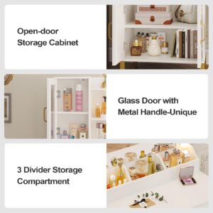 BTHFST Makeup Vanity Desk with Mirror and Lights & Charging Station & Makeup Stool, Vanity Table Set with Glass Top Storage Drawer & Beach & 3 Shelves for Bedroom (Modern White & Gold)