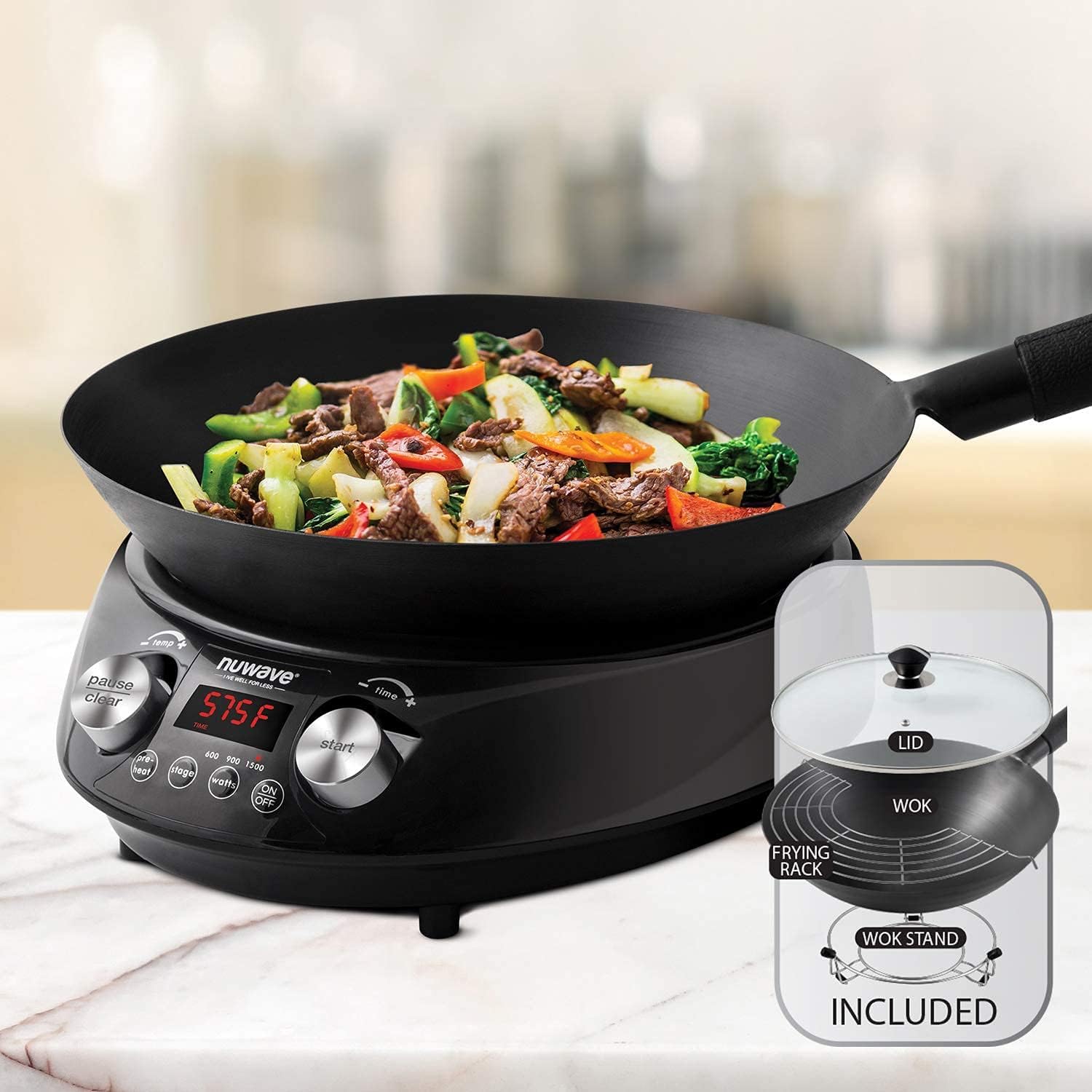 Nuwave Induction Wok, 3 Wattages 600, 900 & 1500, Precise Temp Controls from 100°F to 575°F in 5°F, Infuse Complex Charred Aroma & Flavor, Authentic 14-inch Carbon Steel Wok Included, Wok Hei