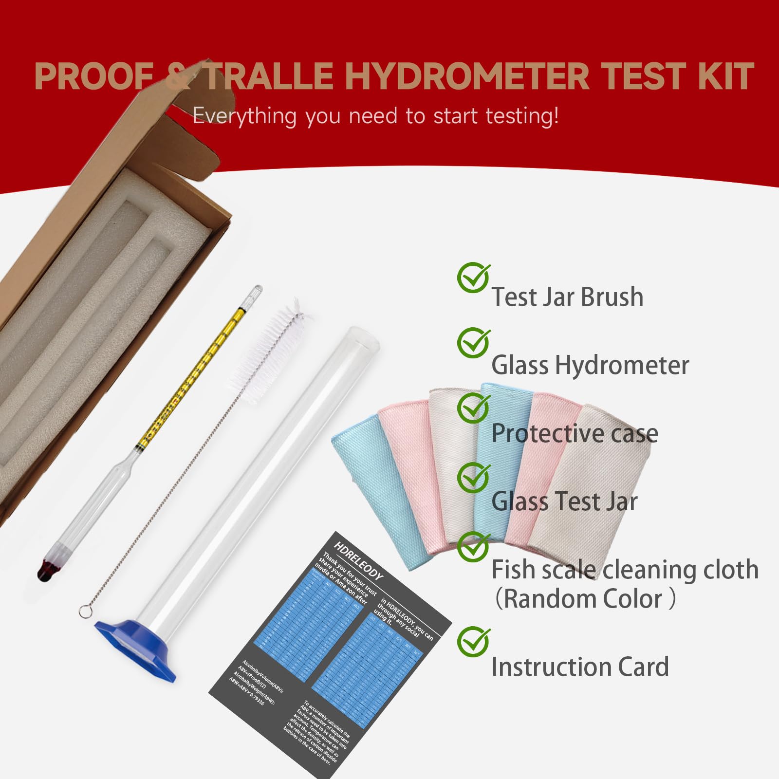 Alcohol Hydrometer Meter Test Kit 0-200 Proof & Tralle,with Glass Test Jar,Accurate Tester & Glass Cylinder for Proofing Distilled Spirits & Moonshine Alcoholmeter Testing Set,HDRELEODY