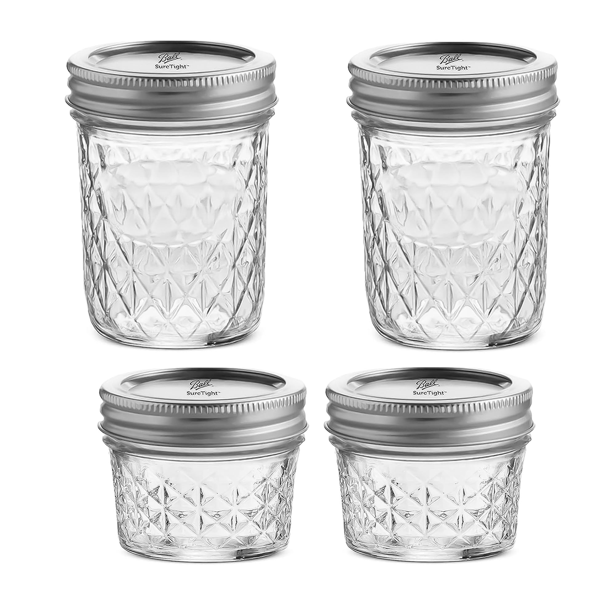 Quilted Crystal Jelly Regular Mouth Mason Jars - (4 Pack) - 2 - Ball 8-Ounce and 2 - Ball 4-Ounce Quilted Crystal Jelly Regular Mouth Jars with Lids and Bands + M.E.M Rubber Jar Opener Included