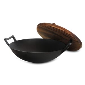 megachef 14 inch pre-seasoned cast iron wok with lid