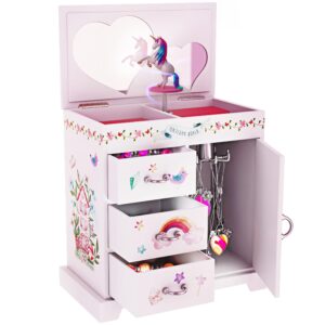 unicorn musical jewelry box for kids - unicorn gifts for girls, ages 3-8, best princess room unicorn toys gift for age 3, 4, 5, 6, 7, 8 year old little girl - birthday present toy ideas music box