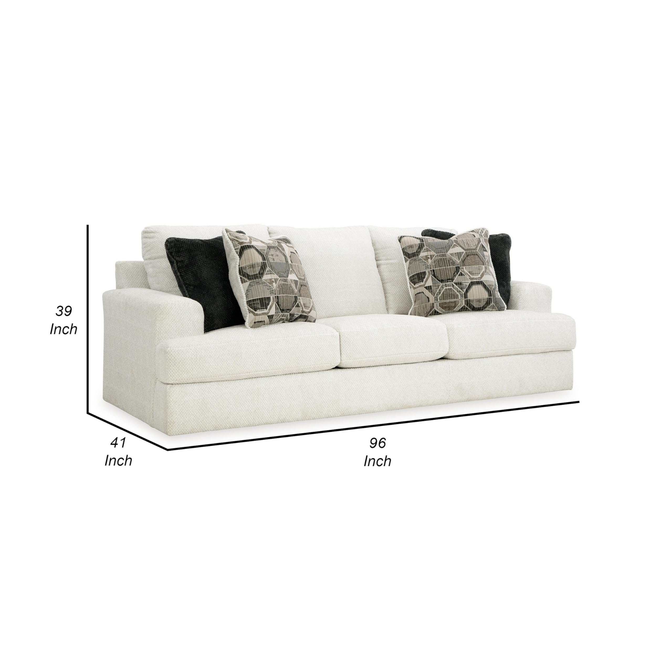 Benjara Henly 96 Inch Sofa, Oversized, 4 Accent Pillows, Soft Polyester, White, Gray, Black and Ivory