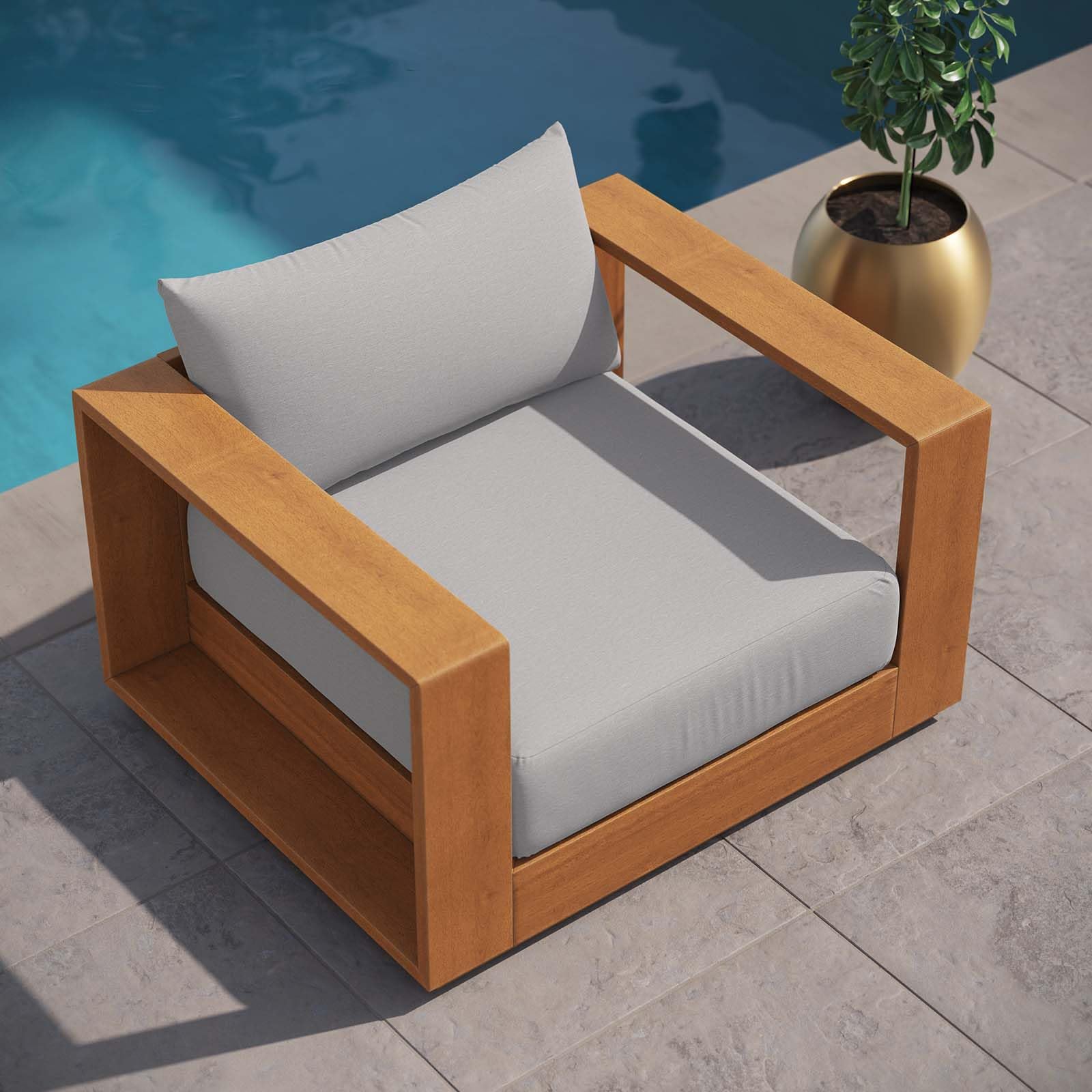 Modway Tahoe Acacia Wood Outdoor Patio Chair in Natural Light Gray with Weather-Resistant Cushions - Ideal as Club Chair or Outdoor Dining Chair