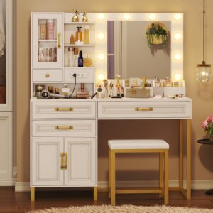 bthfst makeup vanity desk with mirror and lights & charging station & makeup stool, vanity table set with glass top storage drawer & beach & 3 shelves for bedroom (modern white & gold)