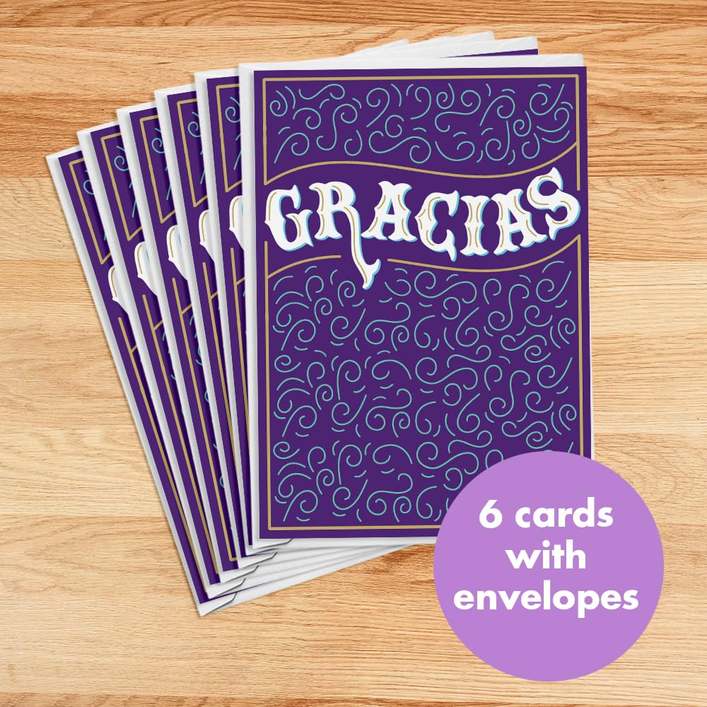 Designer Greetings Pensamientos Especiales, Spanish Thank You Cards, “GRACIAS” Purple Pattern (6 Cards and Envelopes) – Perfect for Any Occasion