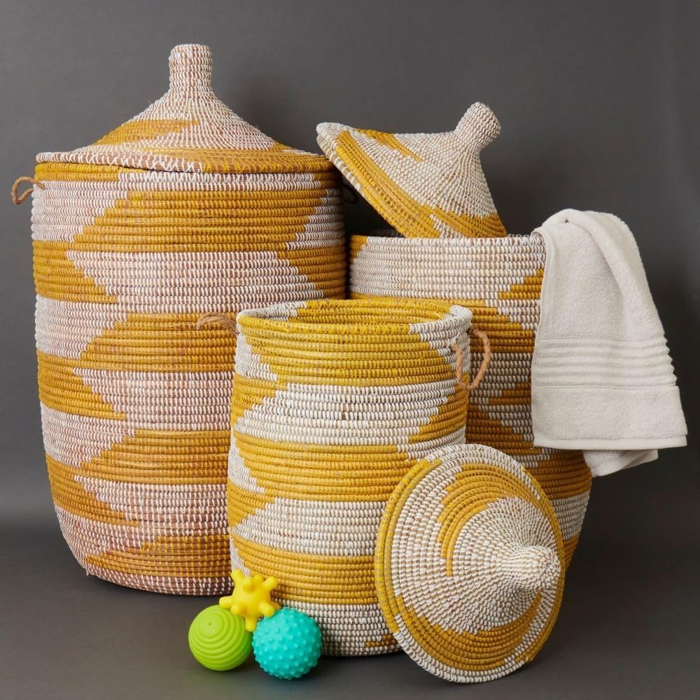 Yellow Hooded Lid Storage Basket Set of 3