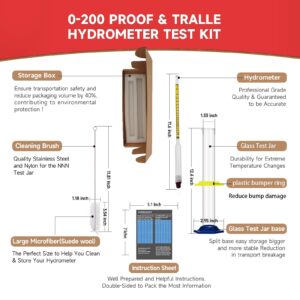 Alcohol Hydrometer Meter Test Kit 0-200 Proof & Tralle,with Glass Test Jar,Accurate Tester & Glass Cylinder for Proofing Distilled Spirits & Moonshine Alcoholmeter Testing Set,HDRELEODY