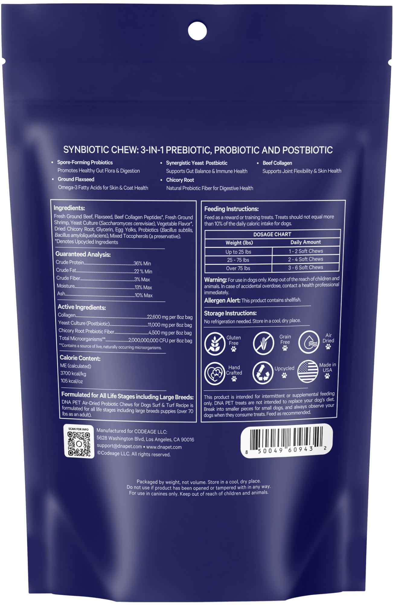 DNA PET Synbiotic Chew for Dogs - Probiotic & Collagen Blend for Gut, Joint & Skin Care, Grain-Free, Air-Dried, Handcrafted in The USA, for All Dogs 12+ Weeks, 8 Oz