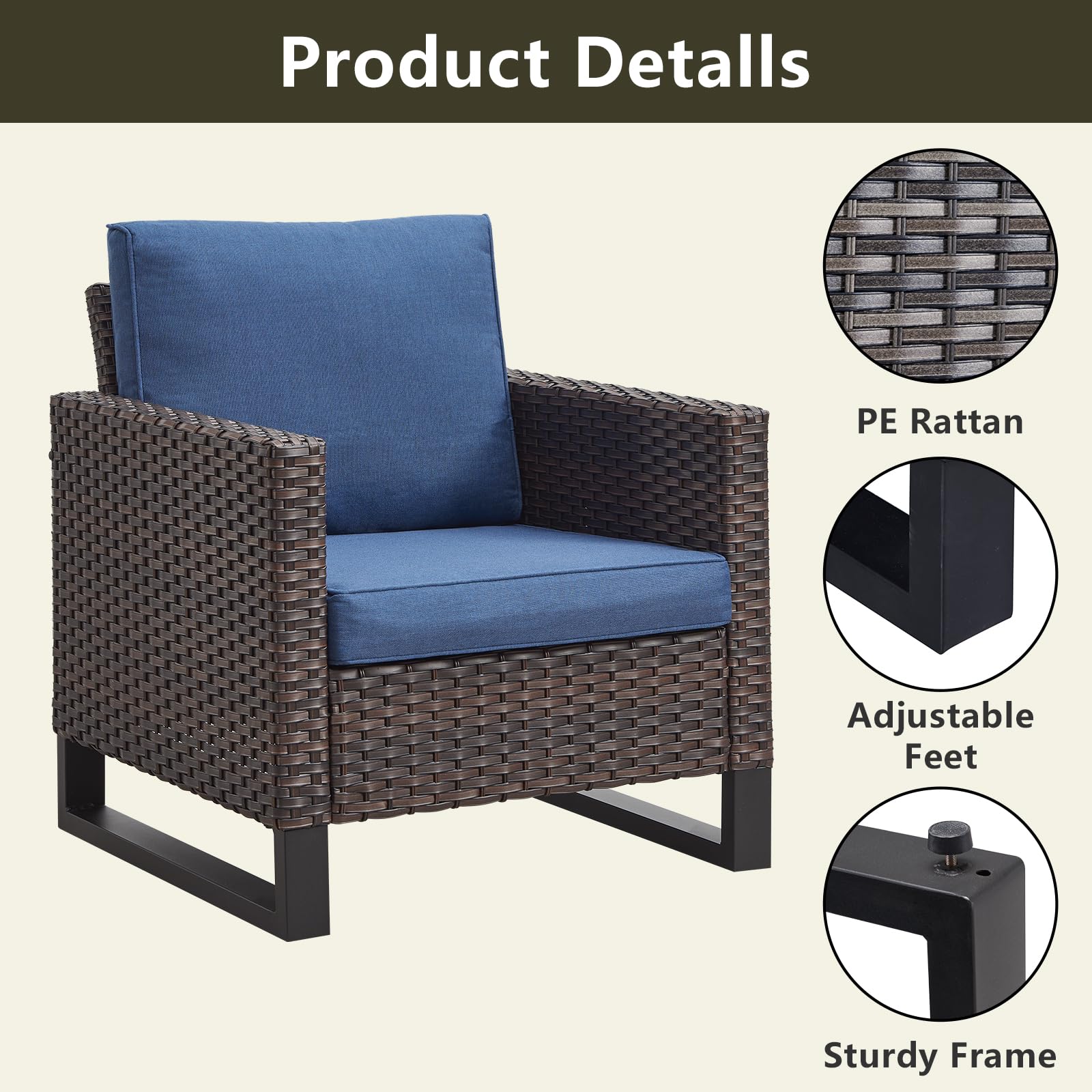 Rilyson Patio Furniture Chairs Outdoor Chair - Wicker Patio Furniture Set of 2,PE Rattan Patio Seating with Cushions for Deck Porch Balcony Backyard Garden(Brown/Blue)