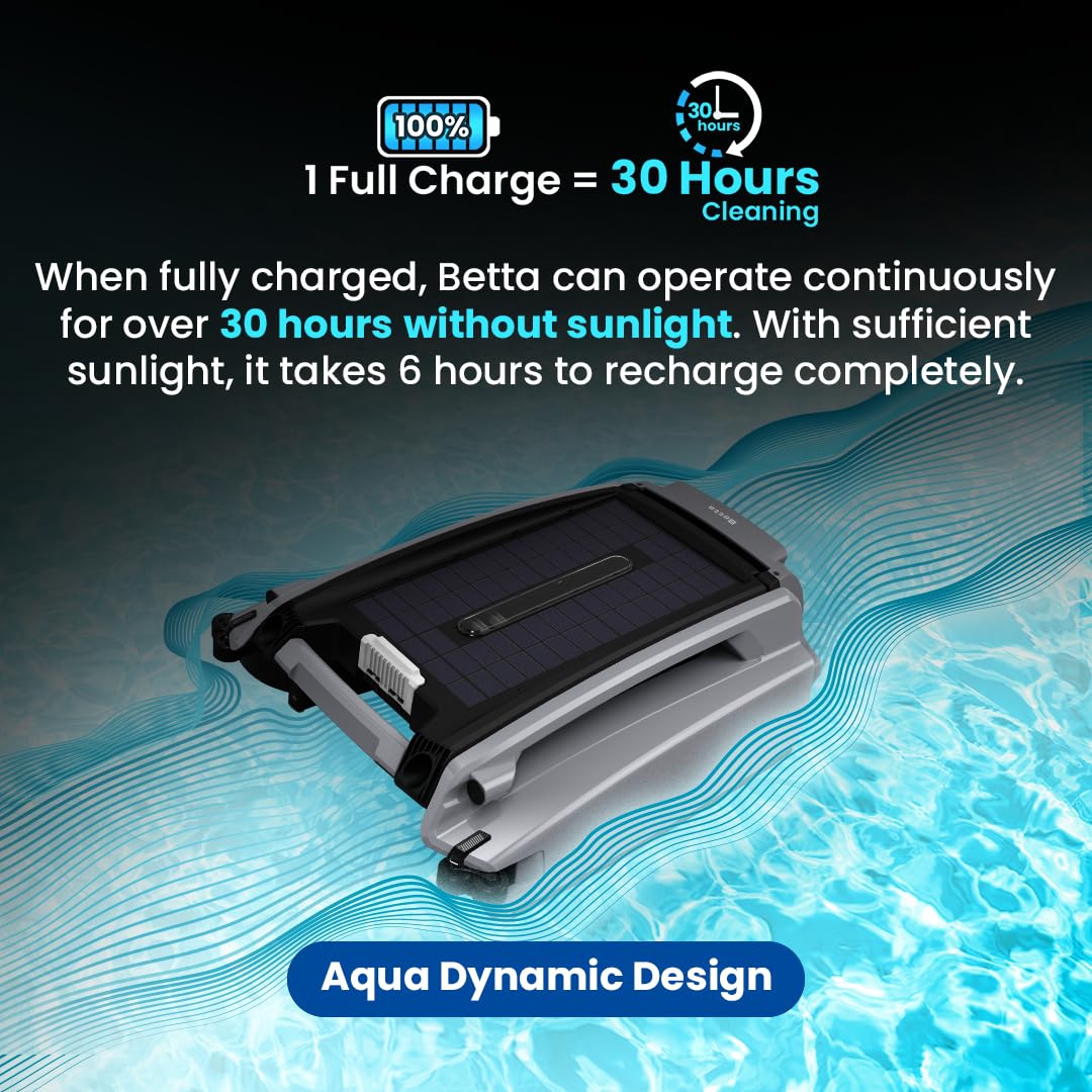 Betta SE Plus - Solar Powered Robotic Pool Surface Skimmer with Dual Charging Options and 30-Hour Continuous Cleaning Battery Power, Shallow Water Safeguard, and Twin Salt Chlorine Tolerant Motors