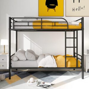 Merax Bunk Bed with Ladder and high Guardrail, Able to Split, Metal Bunk Bed, Storage Space, Noise Free,Twin Over Twin Size Bunk Bed,Black