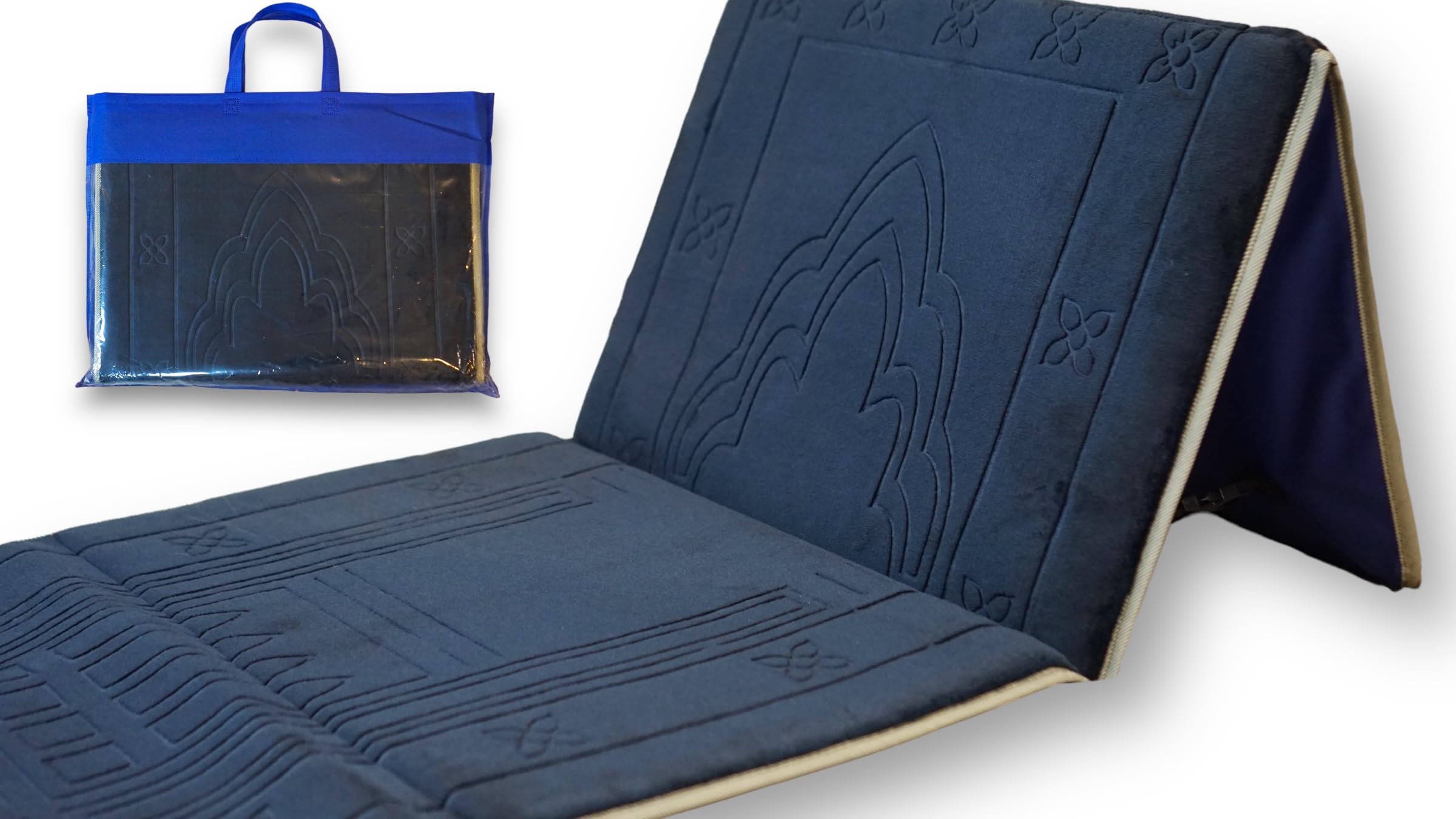 Tawakul Foldable Prayer Mat with Backrest - Thick & Padded Extra Comfort & Tote Bag for Easy Travel - Perfect for Jumah, Ramadan, Hajj, Umrah Gift for Family & Friends (Navy Blue)