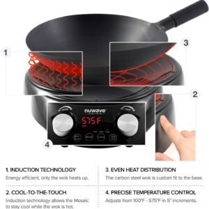 Nuwave Induction Wok, 3 Wattages 600, 900 & 1500, Precise Temp Controls from 100°F to 575°F in 5°F, Infuse Complex Charred Aroma & Flavor, Authentic 14-inch Carbon Steel Wok Included, Wok Hei