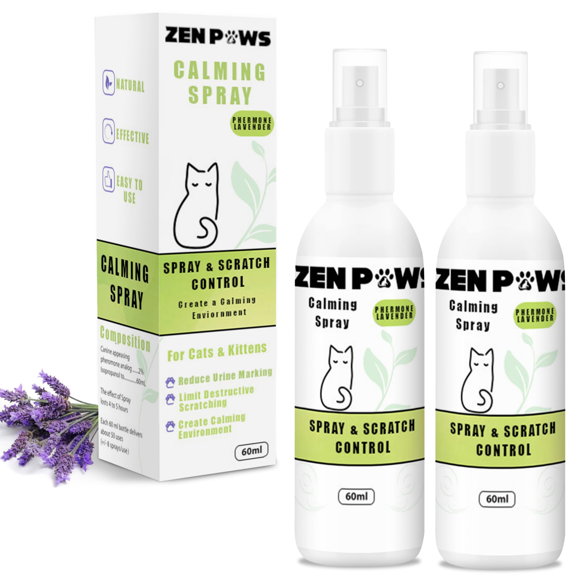 Zenpaws Cat Phermone Calming Spray - Quickly Relieve Stress - Reduces Scratching Furniture, Peeing, Marking, Anxiety - Supports Relief for Fireworks, Travel, Vet Visits 60ml