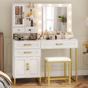 BTHFST Makeup Vanity Desk with Mirror and Lights & Charging Station & Makeup Stool, Vanity Table Set with Glass Top Storage Drawer & Beach & 3 Shelves for Bedroom (Modern White & Gold)