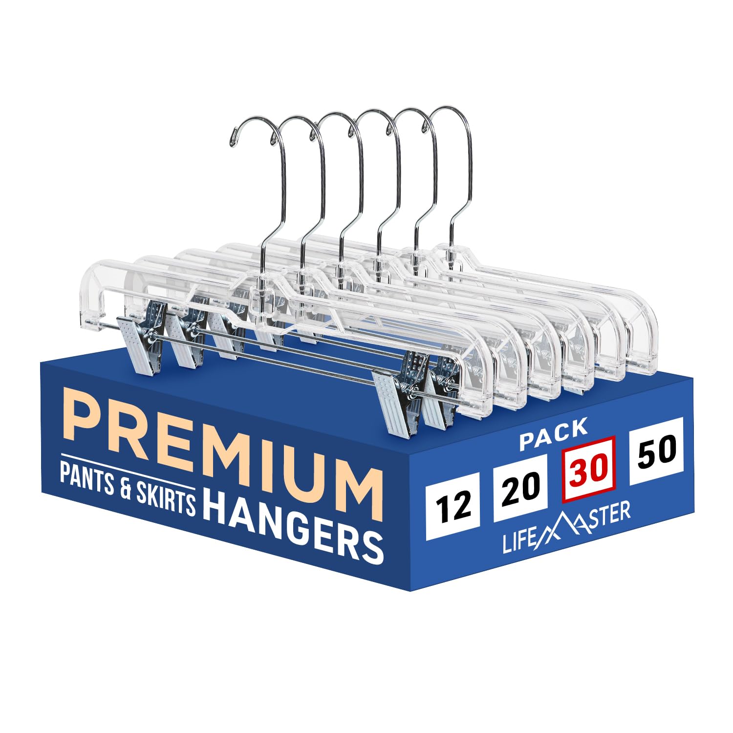 Lifemaster Clear Plastic Hangers - 30 Pieces 14 Inches Anti-Slip Space-Saving, Closet Organization Solution - Pants, Trousers, Skirts, Jeans Hangers with 360° Swivel Hook and Adjustable Clips - Clear