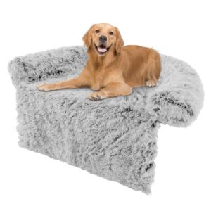 giantex calming dog bed - fluffy plush pet bed for couch, removable washable cover, soft neck bolster, dog sofa bed furniture protector mats for dogs cats (light gray, large - 47'' x 45'' x 7'')