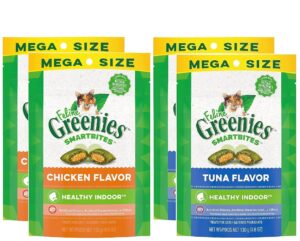 (4 pack) greenies feline smartbites healthy indoor control (previously called hairball control) chicken and tuna, (4.6oz, 2 each)