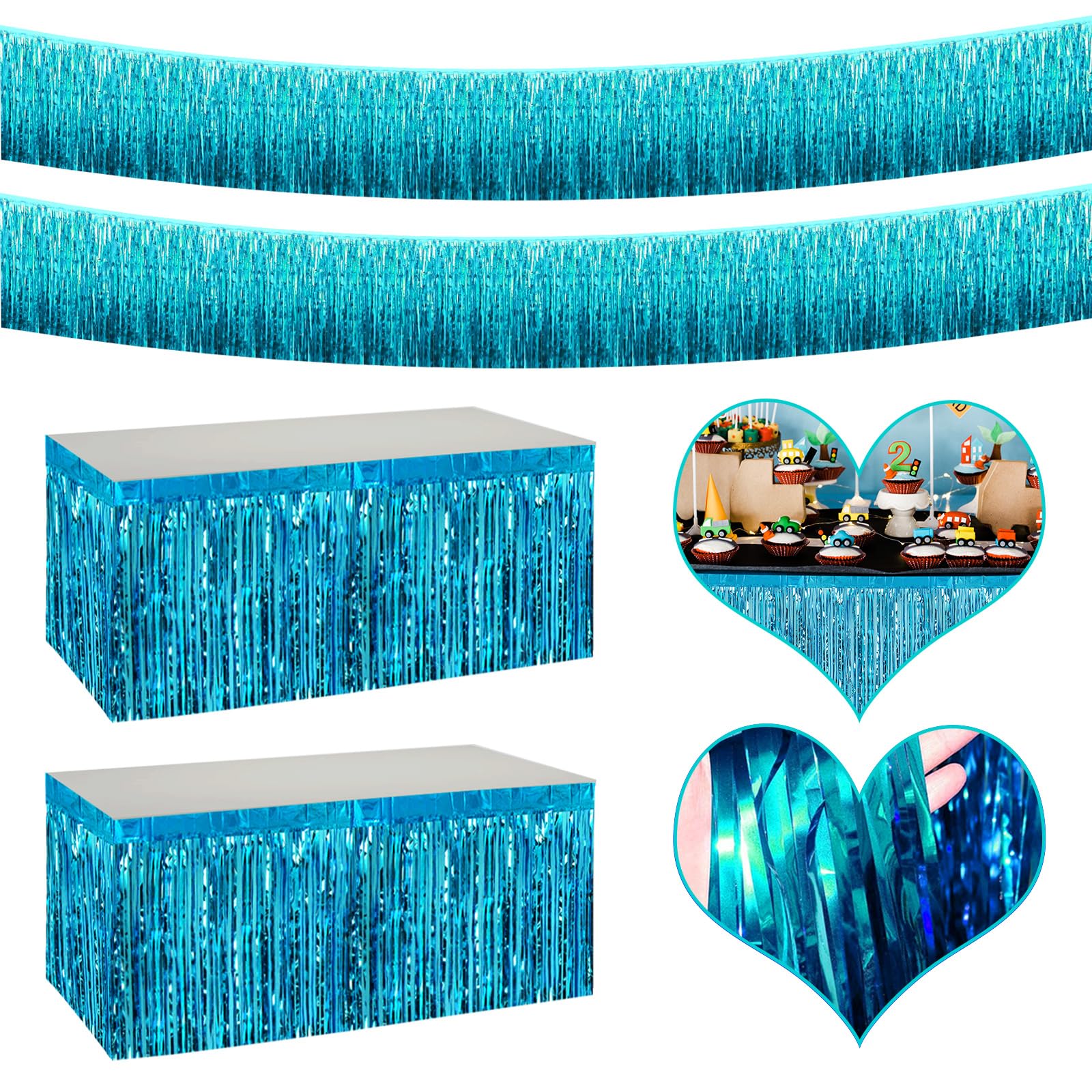 4P Metallic Foil Fringe Banner Tinsel Table Skirts for Rectangle Tables Backdrop Tinsel Banner Garland Curtains for Parade Floats Wedding Graduation Anniversary Birthday Parties Decoration (Lake Blue)