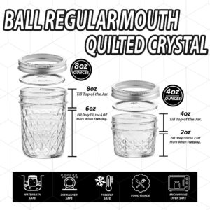 Quilted Crystal Jelly Regular Mouth Mason Jars - (4 Pack) - 2 - Ball 8-Ounce and 2 - Ball 4-Ounce Quilted Crystal Jelly Regular Mouth Jars with Lids and Bands + M.E.M Rubber Jar Opener Included