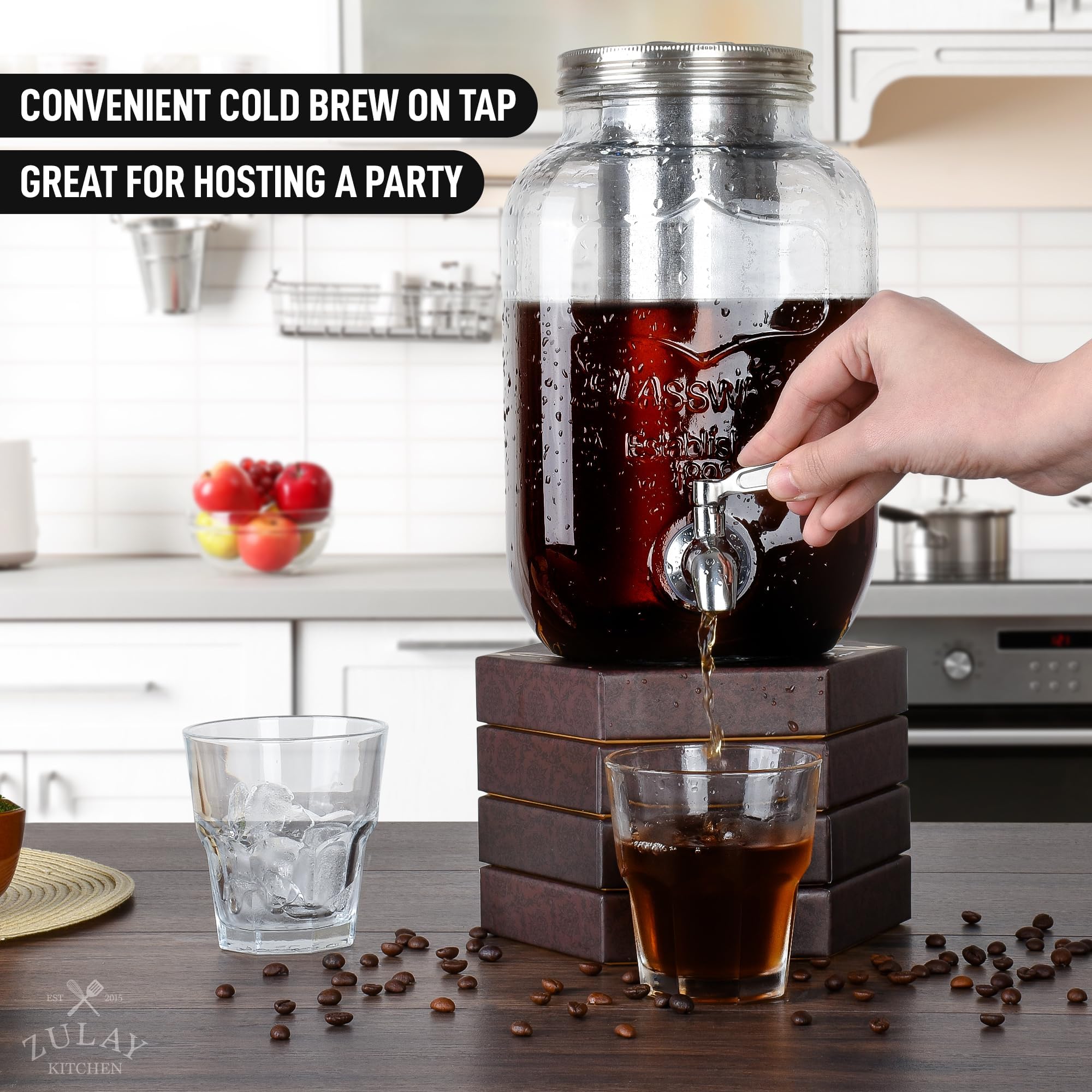 Zulay Kitchen 1 Gallon Cold Brew Coffee Maker - Large Iced Tea & Cold Brew Pitcher with Extra-Thick Glass & Stainless Steel Infuser - Cold Brew Coffee Maker with Airtight Lid & Spout (Silver)