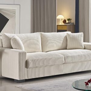 Container Furniture Direct Luxe Corduroy Sofa with 2 Toss Pillows, Spacious and Comfortable 3 Seater Couch for Modern Living Room, Ideal for Entertainment and Cozy Moments, 89" Wide, Beige