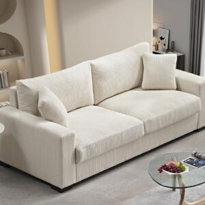 Container Furniture Direct Luxe Corduroy Sofa with 2 Toss Pillows, Spacious and Comfortable 3 Seater Couch for Modern Living Room, Ideal for Entertainment and Cozy Moments, 89" Wide, Beige