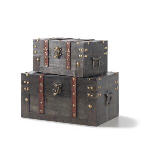 soul & lane vintique wooden chest duo - elegant wood storage trunks with lids & vintage charm (set of 2), antique versatile organizational decor for home & office