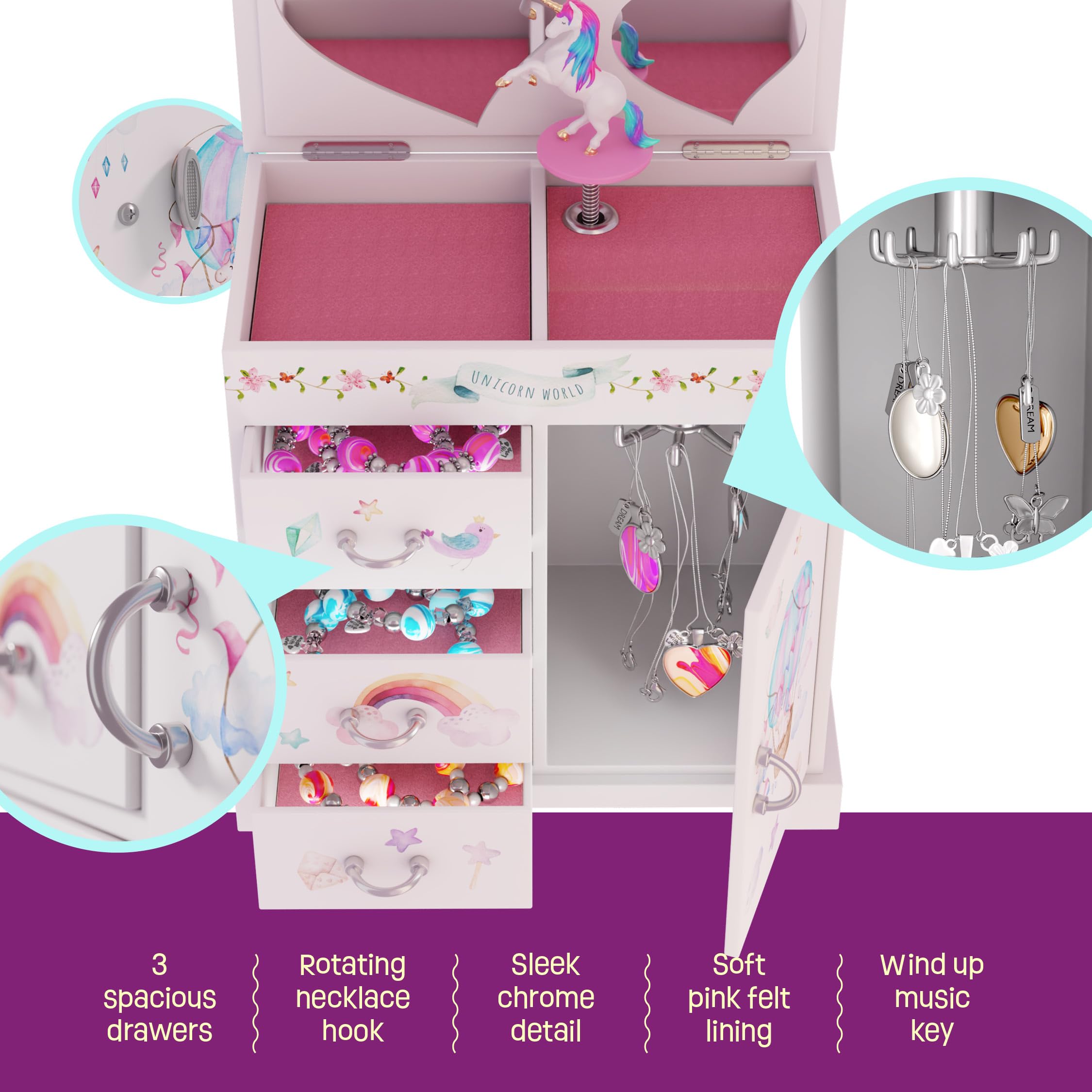 Unicorn Musical Jewelry Box for Kids - Unicorn Gifts for Girls, Ages 3-8, Best Princess Room Unicorn Toys Gift for Age 3, 4, 5, 6, 7, 8 Year Old Little Girl - Birthday Present Toy Ideas Music Box