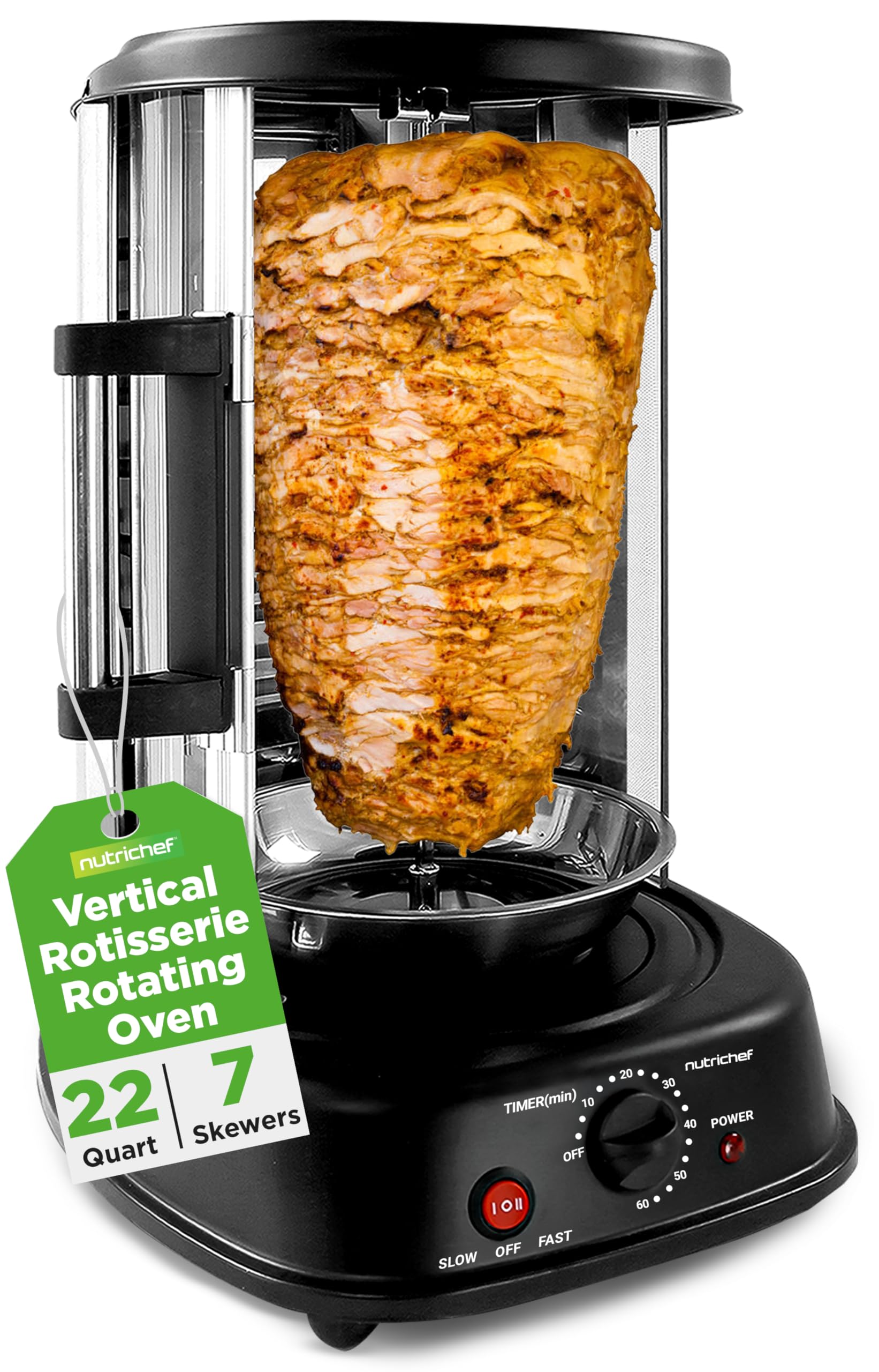 NutriChef Vertical Rotating Turkey & Shawarma Oven | Rotisserie, Shawarma, & Kebab Machine | Stain-Resistant, Energy-Efficient | Heat-Resistant Door | Includes Kebab Rack & 7 Skewers | Stainless Steel