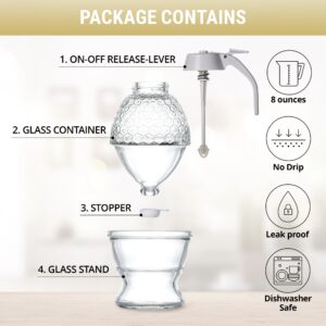 PAULSWAY Glass Honey Dispenser Jar - Premium No Drip Design, Elegant Honeycomb Shape with White Lid - Durable Glass & ABS for Honey and Syrup