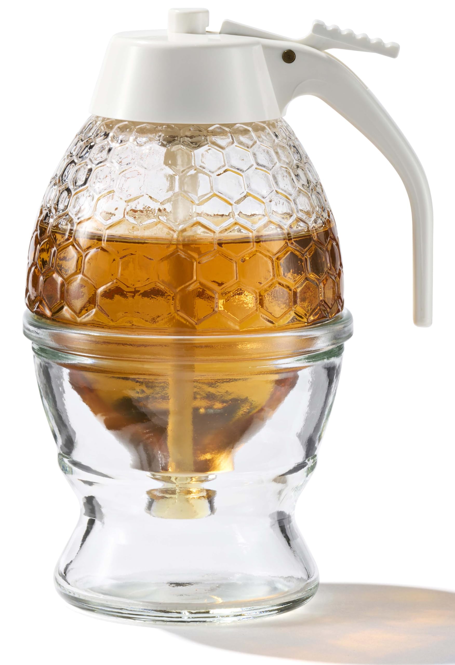 PAULSWAY Glass Honey Dispenser Jar - Premium No Drip Design, Elegant Honeycomb Shape with White Lid - Durable Glass & ABS for Honey and Syrup