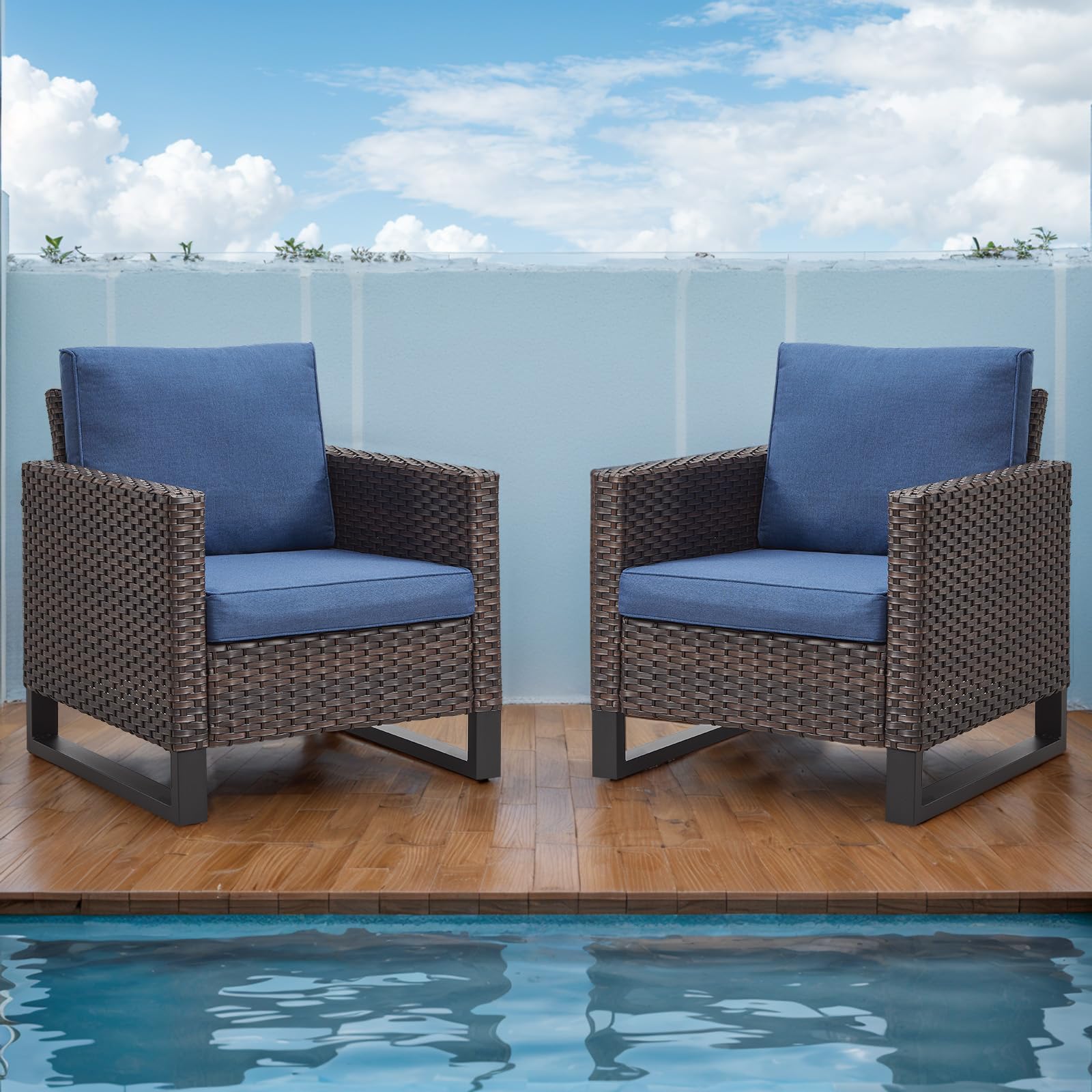 Rilyson Patio Furniture Chairs Outdoor Chair - Wicker Patio Furniture Set of 2,PE Rattan Patio Seating with Cushions for Deck Porch Balcony Backyard Garden(Brown/Blue)