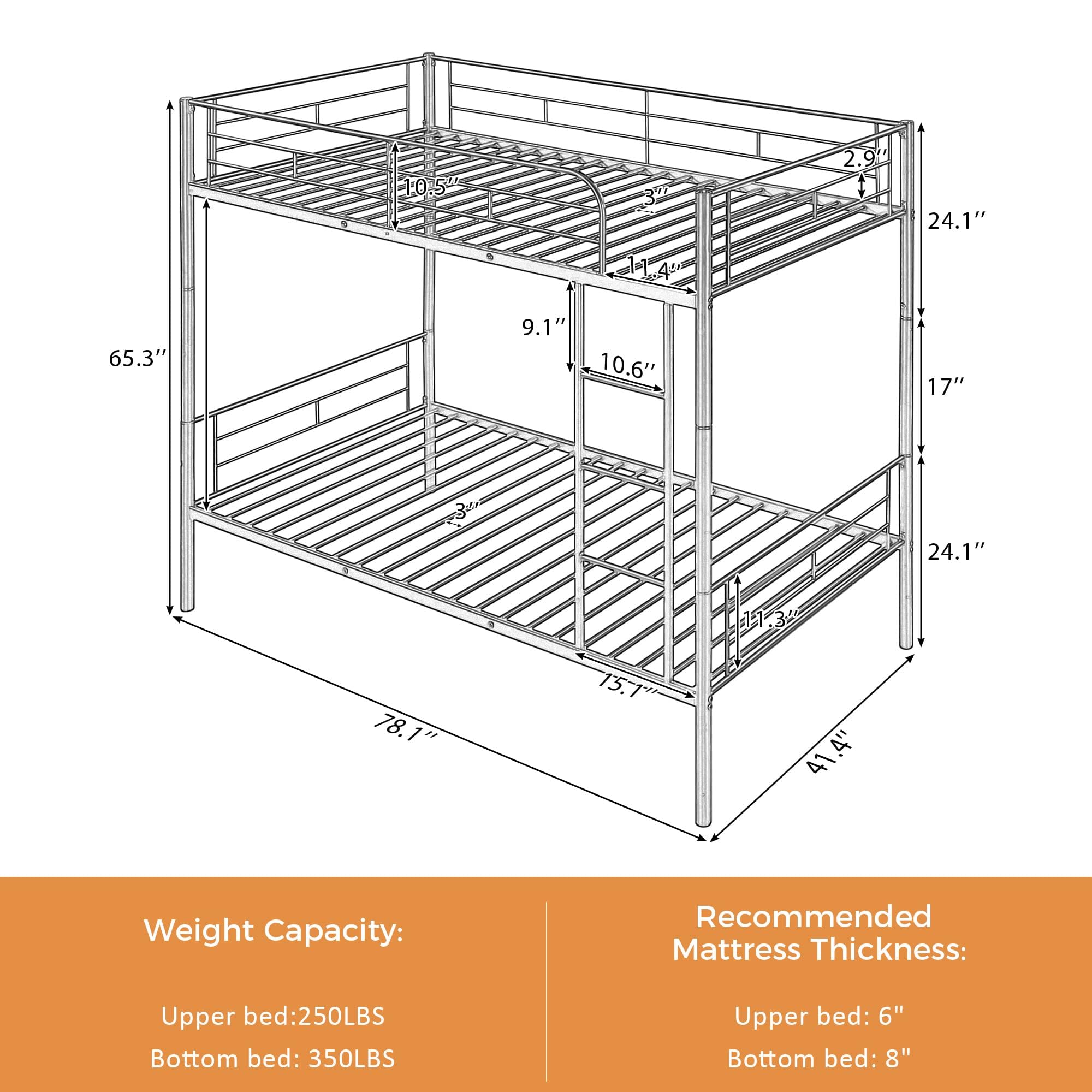 Merax Bunk Bed with Ladder and high Guardrail, Able to Split, Metal Bunk Bed, Storage Space, Noise Free,Twin Over Twin Size Bunk Bed,Black