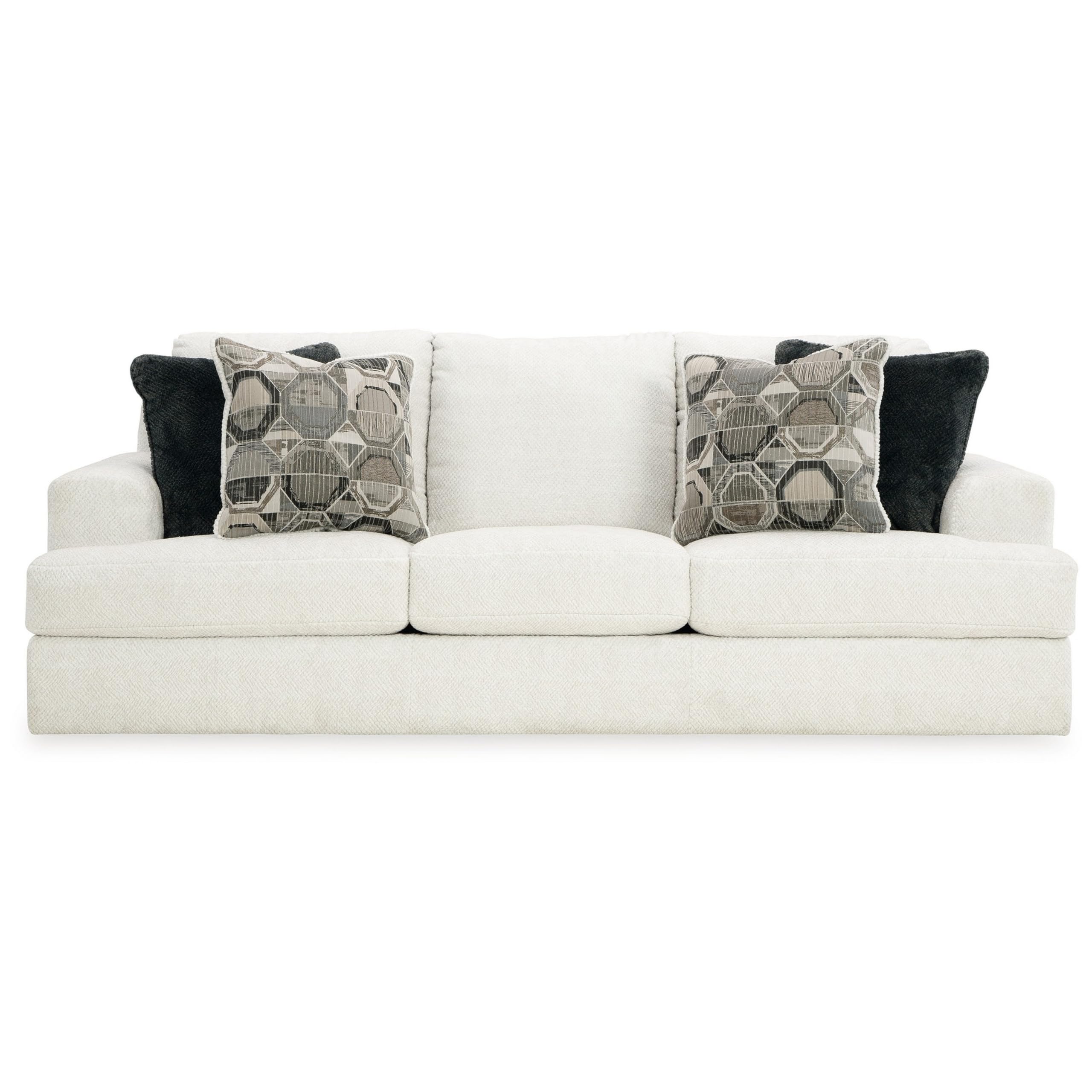 Benjara Henly 96 Inch Sofa, Oversized, 4 Accent Pillows, Soft Polyester, White, Gray, Black and Ivory