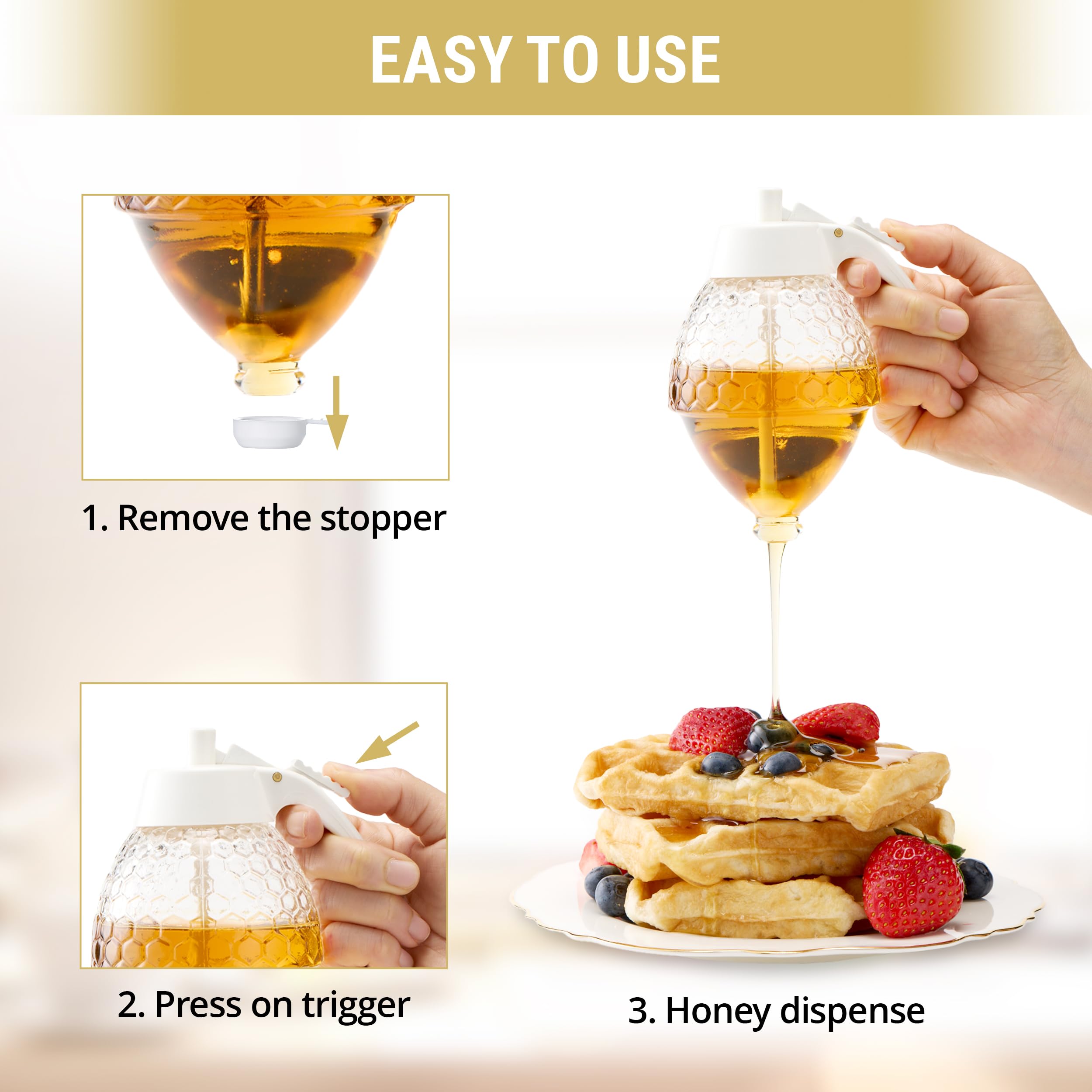 PAULSWAY Glass Honey Dispenser Jar - Premium No Drip Design, Elegant Honeycomb Shape with White Lid - Durable Glass & ABS for Honey and Syrup