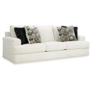 benjara henly 96 inch sofa, oversized, 4 accent pillows, soft polyester, white, gray, black and ivory