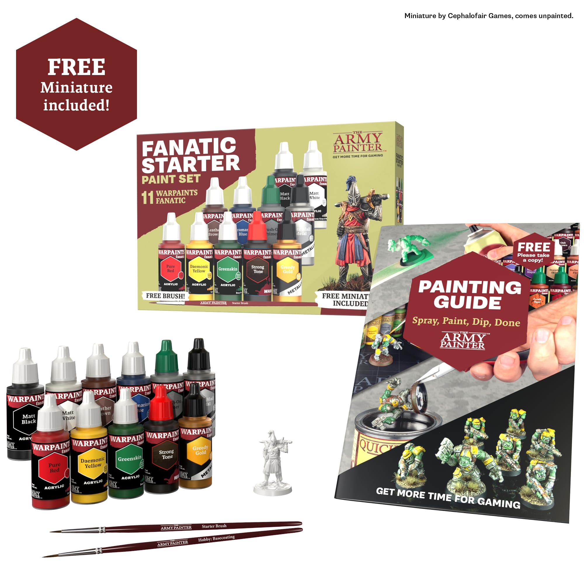 The Army Painter Warpaints Fanatic: Starter Set Combo, 11 paints: 7 acrylic colours, 2 Metallics, 1 Wash, 1 Brush-On Primer, 1 Basecoating Brush, Plus 1 Free Miniature figure and Starter Brush